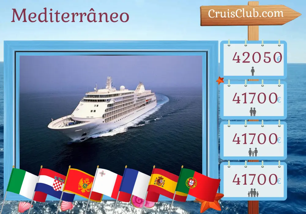 Cruzeiro no Mediterrâneo de Veneza a Lisboa a bordo do navio Silver Whisper com visitas à Itália, Croácia, Montenegro, Malta, Tunísia, França, Espanha e Portugal por 32 dias