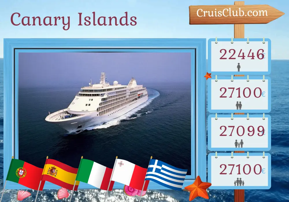 Cruise in the Canary Islands from Lisbon to Piraeus aboard Silver Whisper ship with visits to Portugal, Spain, Italy, Malta, and Greece for 28 days