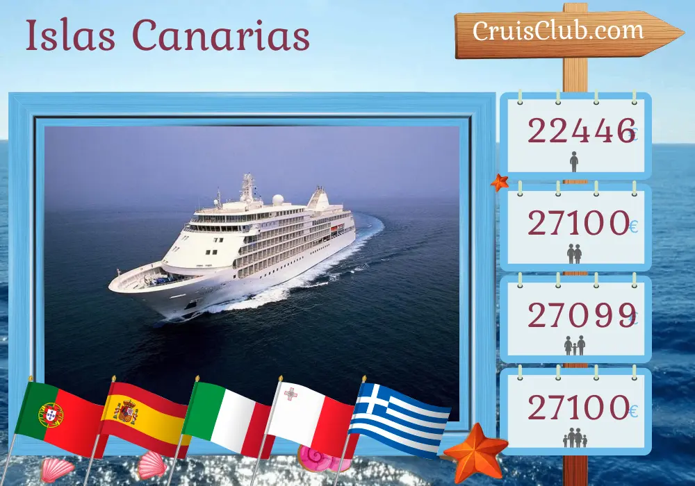 Crucero por las Islas Canarias desde Lisboa a El Pireo a bordo del barco Silver Whisper con visitas a Portugal, España, Italia, Malta y Grecia durante 28 días