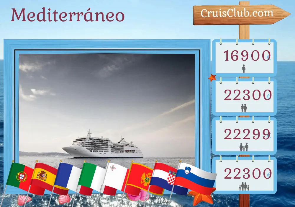 Crucero por el Mediterráneo de Lisboa a Venecia a bordo del barco Silver Spirit con visitas a Portugal, España, Francia, Mónaco, Italia, Malta, Montenegro, Croacia y Eslovenia durante 22 días