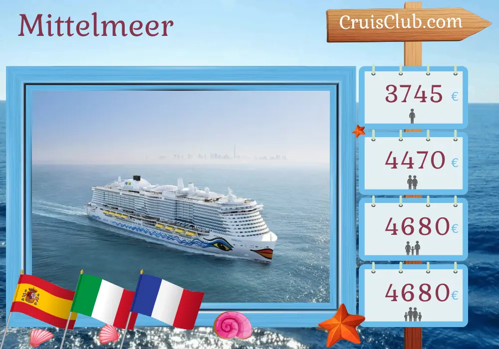 Kreuzfahrt im Mittelmeer ab Palma an Bord des Schiffes AIDAcosma mit Besuchen in Spanien, Italien und Frankreich für 15 Tage