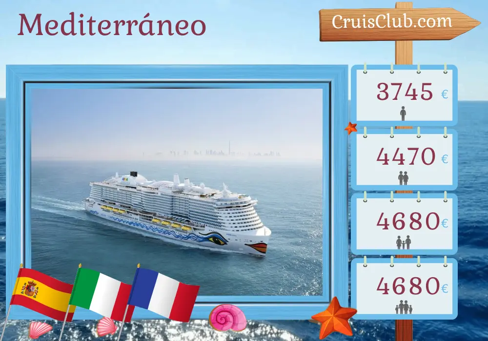 Crucero por el Mediterráneo desde Palma a bordo del barco AIDAcosma con visitas a España, Italia y Francia durante 15 días