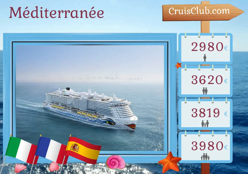 Croisière en Méditerranée de Civitavecchia à Barcelone à bord du navire AIDAcosma avec visites en Italie, en France et en Espagne pendant 11 jours