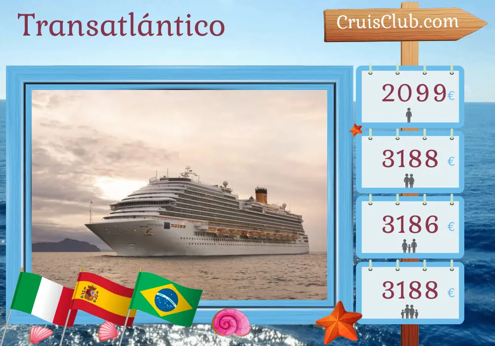 Crucero Transatlántico de Savona a Río de Janeiro a bordo del buque Costa Diadema con visitas a Italia, España y Brasil durante 18 días