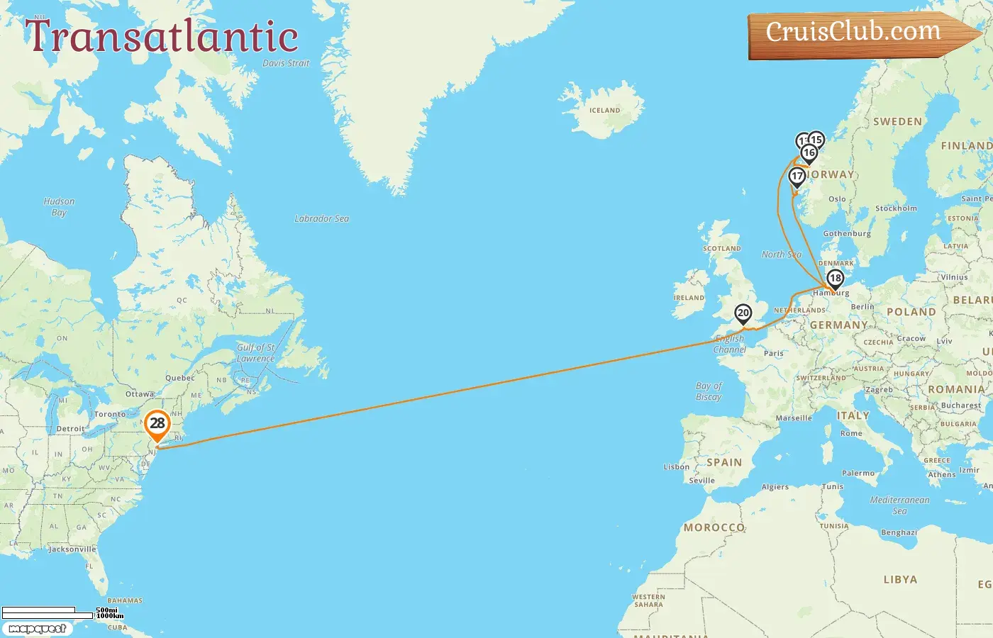 Transatlantic Cruise aboard Queen Mary 2 with USA, Germany, and Norway visits for 28 days