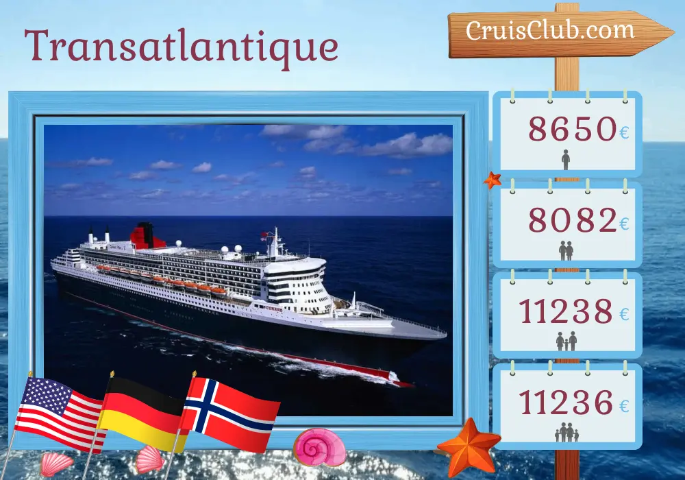 Croisière Transatlantique à bord du Queen Mary 2 avec des visites aux États-Unis, en Allemagne et en Norvège pendant 28 jours