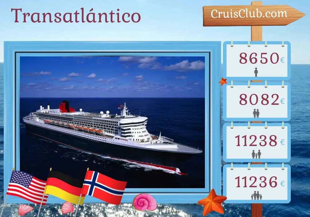 Crucero en el Transatlántico desde Nueva York a bordo del barco Queen Mary 2 con visitas a Estados Unidos, Alemania y Noruega durante 28 días