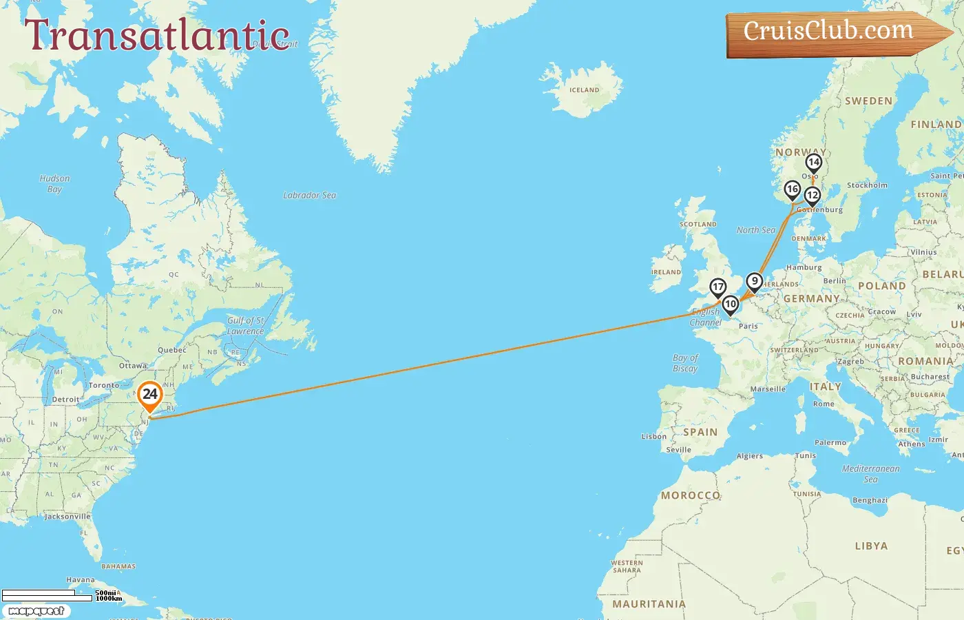 Transatlantic Cruise aboard Queen Mary 2 with visits to USA, Belgium, France, Denmark, and Norway for 24 days