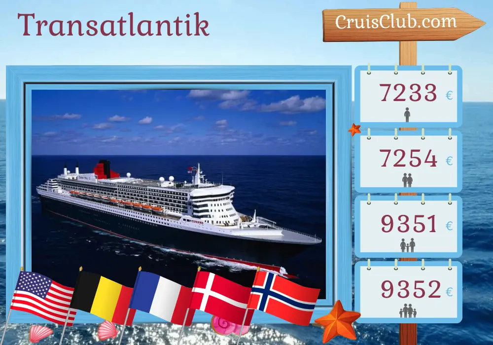 Kreuzfahrt im Transatlantik von New York an Bord des Schiffs Queen Mary 2 mit Besuchen in den USA, Belgien, Frankreich, Dänemark und Norwegen für 24 Tage