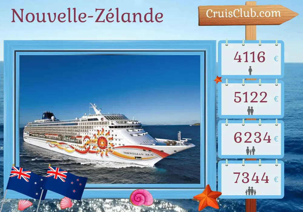 Croisière en Nouvelle-Zélande de Melbourne à Auckland à bord du navire Norwegian Sun avec des visites en Australie et en Nouvelle-Zélande pendant 15 jours