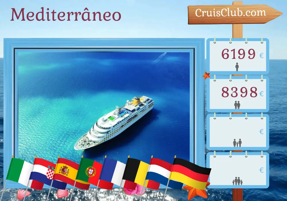 Cruzeiro no Mediterrâneo de Veneza a Hamburgo a bordo do navio MS Hamburg com visitas à Itália, Croácia, Espanha, Portugal, França, Bélgica, Holanda e Alemanha durante 24 dias