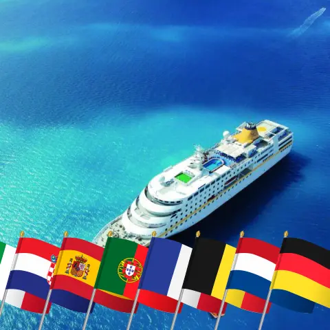 Cruzeiro no Mediterrâneo de Veneza a Hamburgo a bordo do navio MS Hamburg com visitas à Itália, Croácia, Espanha, Portugal, França, Bélgica, Holanda e Alemanha durante 24 dias