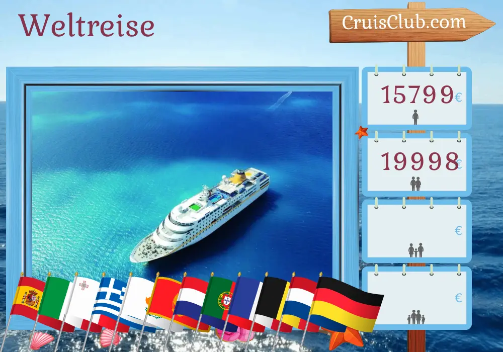 Kreuzfahrt auf der Welttour von Palma nach Hamburg an Bord des Schiffs MS Hamburg mit Besuchen in Spanien, Italien, Malta, Griechenland, Türkei, Zypern, Ägypten, Israel, Montenegro, Kroatien, Portugal, Frankreich, Belgien, Niederlande und Deutschland für 63 Tage