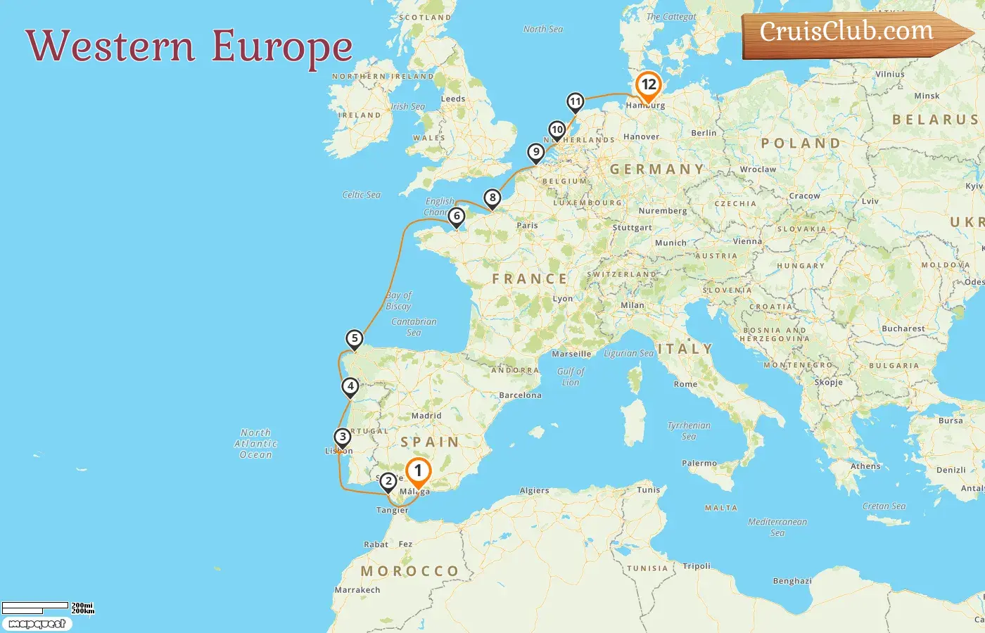 Cruise in the Western Europe from Málaga to Hamburg aboard MS Hamburg ship with visits to Spain, Portugal, France, Belgium, Netherlands, and Germany for 12 days