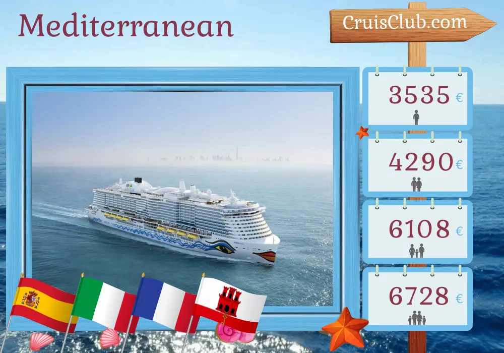 Cruise in the Mediterranean from Palma aboard AIDAcosma ship with visits to Spain, Italy, France, and Gibraltar for 15 days