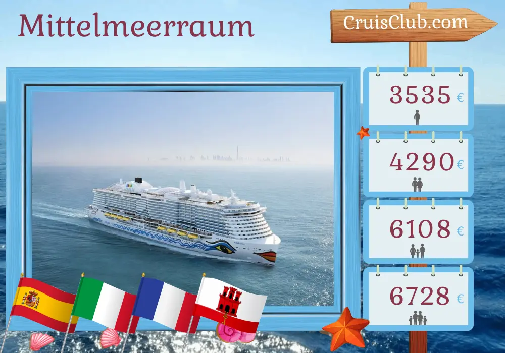 Kreuzfahrt im Mittelmeer ab Palma an Bord des Kreuzfahrtschiffs AIDAcosma mit Stopps in Spanien, Italien, Frankreich und Gibraltar für 15 Tage