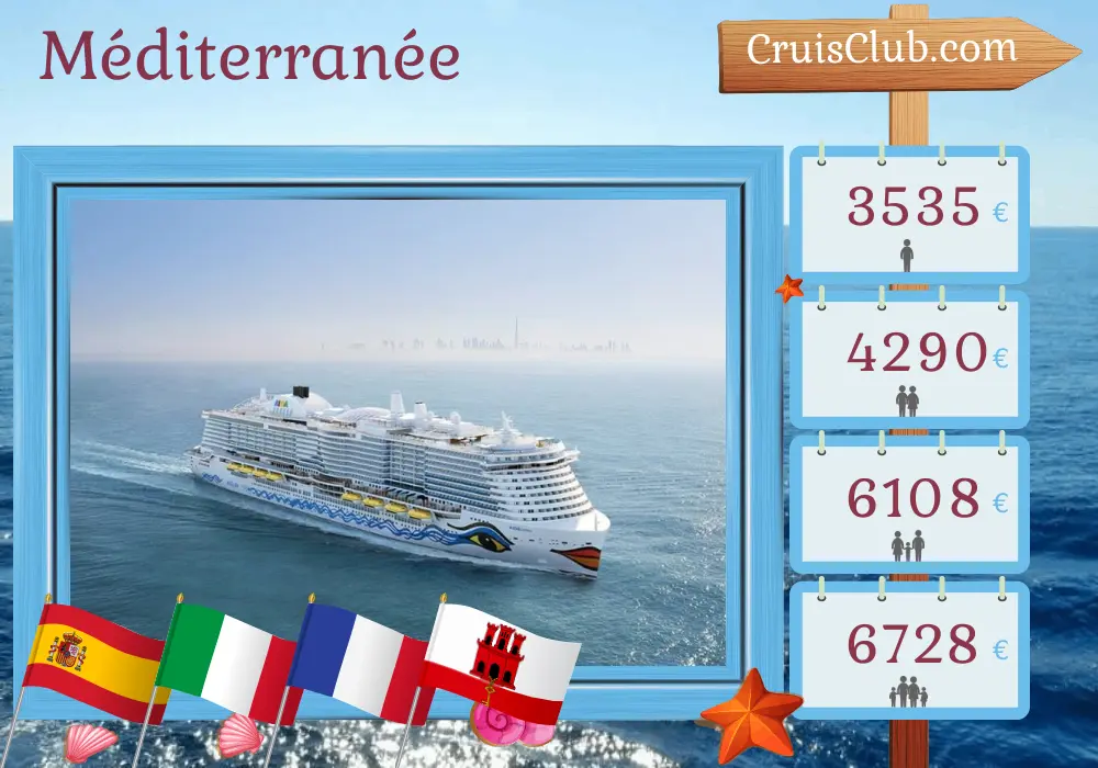 Croisière en Méditerranée au départ de Palma à bord du navire AIDAcosma avec des visites en Espagne, en Italie, en France et à Gibraltar pendant 15 jours