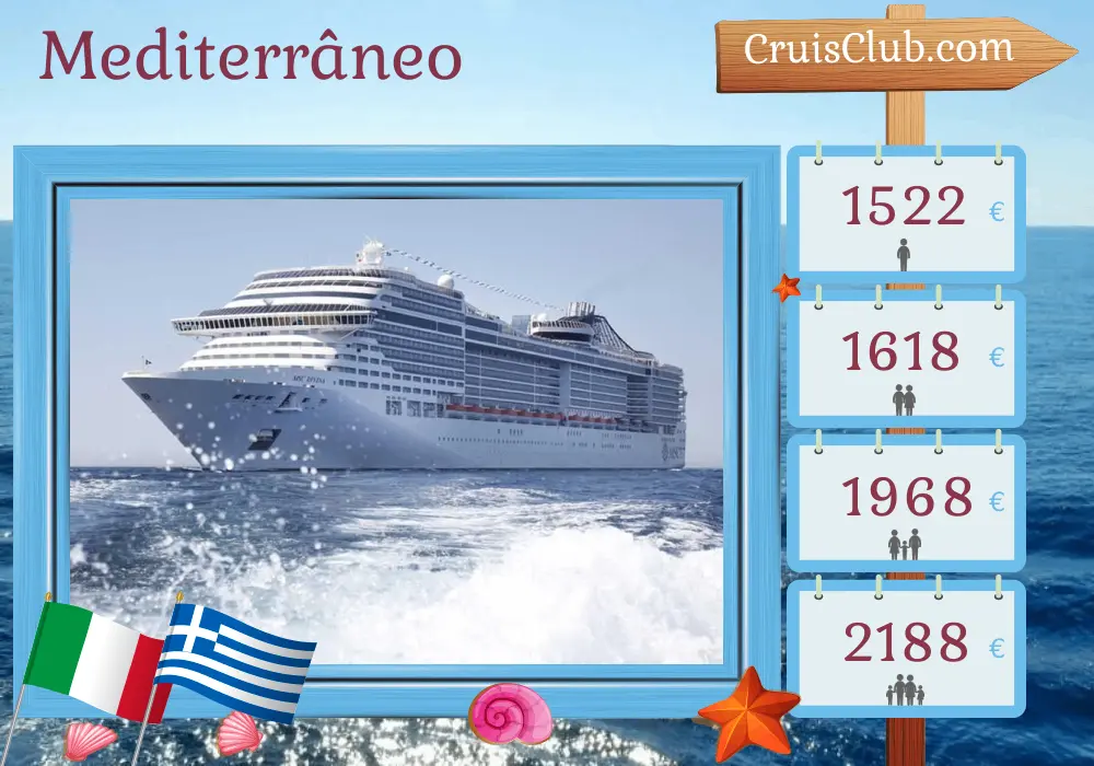 Cruzeiro no Mediterrâneo de Civitavecchia a Gênova a bordo do navio MSC Divina com visitas à Itália, Grécia e Turquia por 9 dias