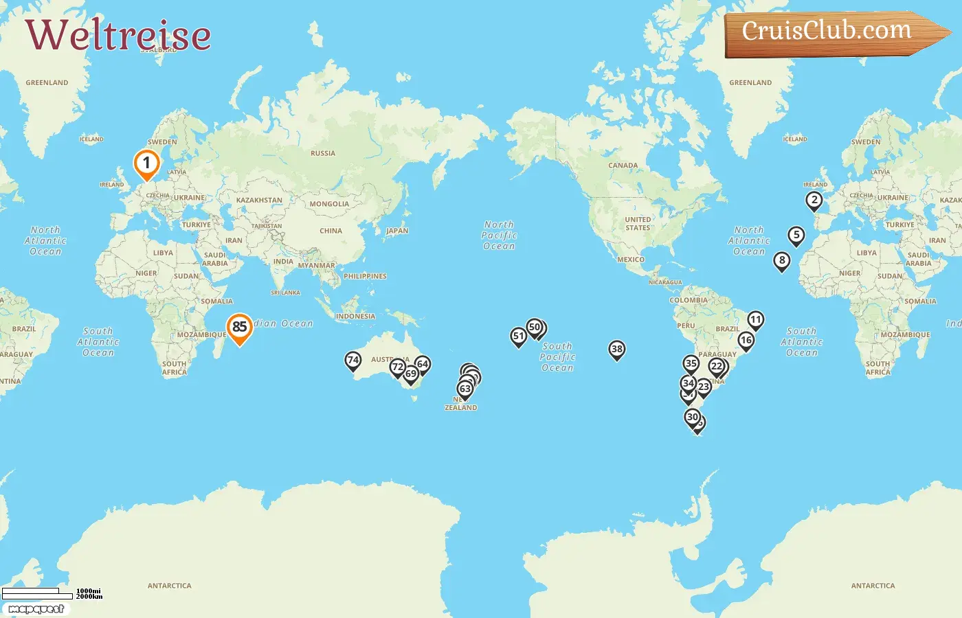 Weltreise-Kreuzfahrt von Hamburg nach Port Louis an Bord des Schiffes AIDAsol mit Besuchen in Deutschland, Spanien, Brasilien, Uruguay, Argentinien, Chile, Französisch-Polynesien, Cookinseln, Neuseeland, Australien und Mauritius für 85 Tage