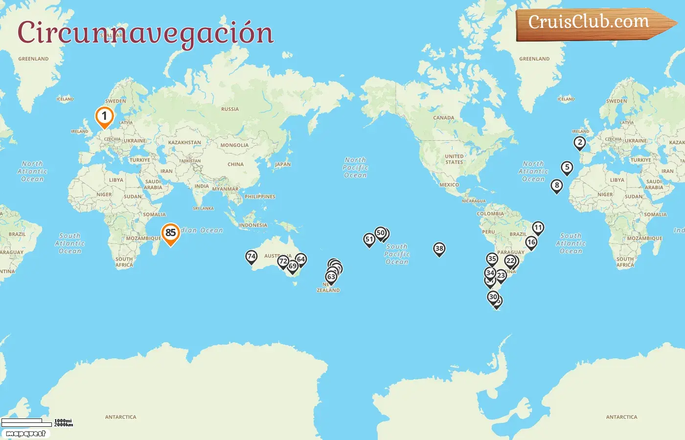 Cruce en el World tour desde Hamburgo hasta Puerto Louis a bordo del barco AIDAsol con visitas a Alemania, España, Brasil, Uruguay, Argentina, Chile, Polinesia Francesa, Islas Cook, Nueva Zelanda, Australia y Mauricio durante 85 días