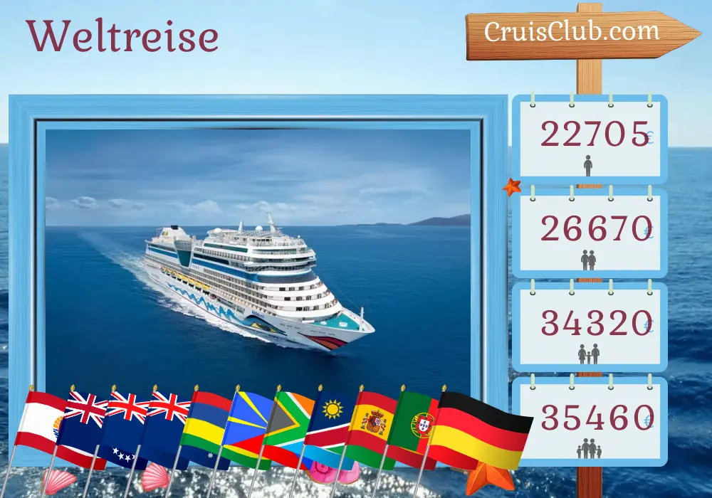 Kreuzfahrt in der Welttournee von San Antonio nach Hamburg an Bord des Schiffes AIDAsol mit Besuchen in Chile, Französisch-Polynesien, Cookinseln, Neuseeland, Australien, Mauritius, Réunion, Südafrika, Namibia, Spanien, Portugal und Deutschland für 82 Tage