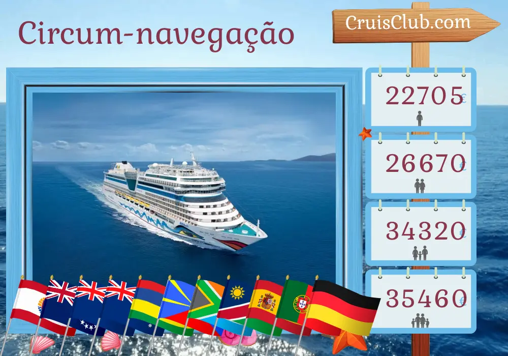 Cruzeiro no passeio mundial de San Antonio a Hamburgo a bordo do navio AIDAsol com visitas ao Chile, Polinésia Francesa, Ilhas Cook, Nova Zelândia, Austrália, Maurício, Reunião, África do Sul, Namíbia, Espanha, Portugal e Alemanha por 82 dias