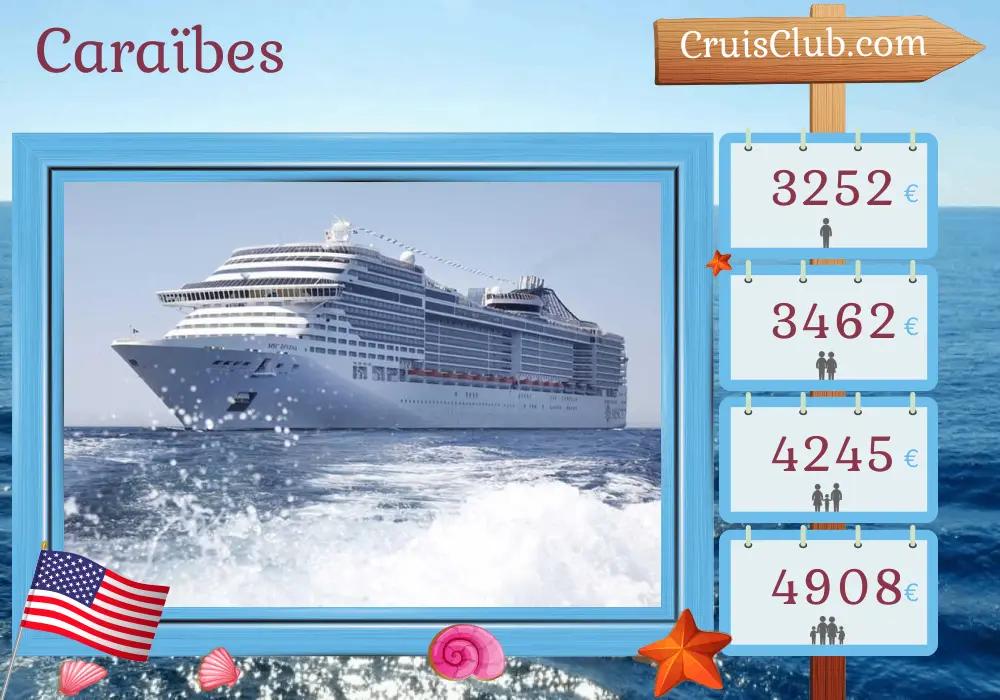 Croisière dans les Caraïbes au départ de Miami à bord du navire MSC Divina avec des visites aux États-Unis, aux Bahamas, en Jamaïque, à Aruba, à Curaçao et en République dominicaine pendant 15 jours