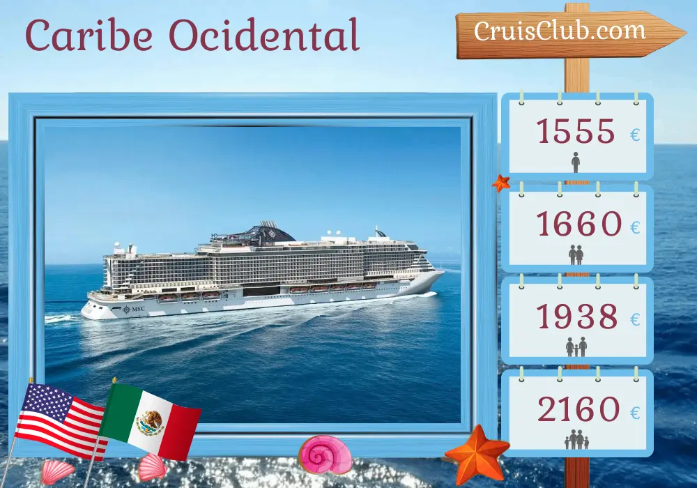 Cruzeiro no Caribe Ocidental saindo de Miami a bordo do navio MSC Seaside com visitas aos EUA, México e Bahamas por 8 dias