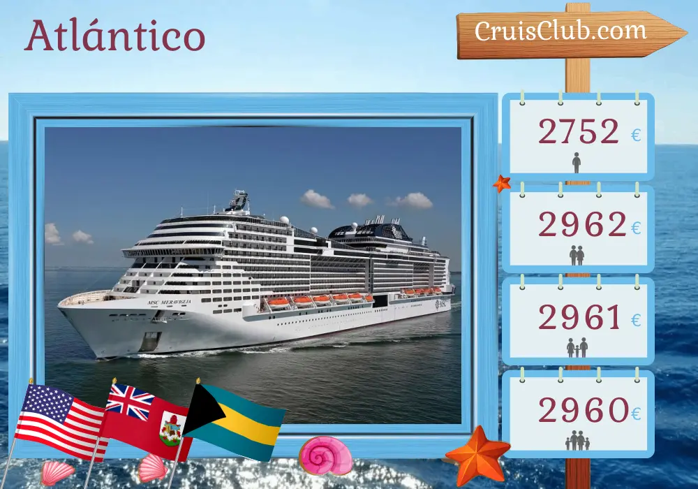 Crucero en el Atlántico desde Nueva York a bordo del barco MSC Meraviglia con visitas a Estados Unidos, Bermudas y Bahamas durante 15 días