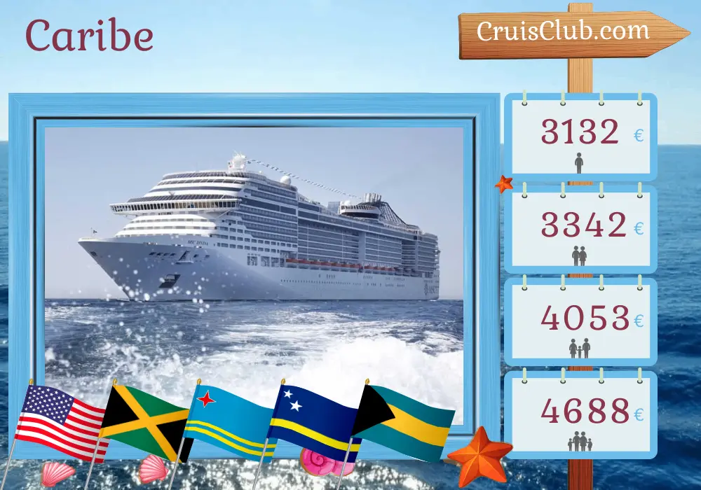 Cruzeiro no Caribe a partir de Miami a bordo do navio MSC Divina com visitas aos EUA, Jamaica, Aruba, Curaçao, República Dominicana e Bahamas por 15 dias