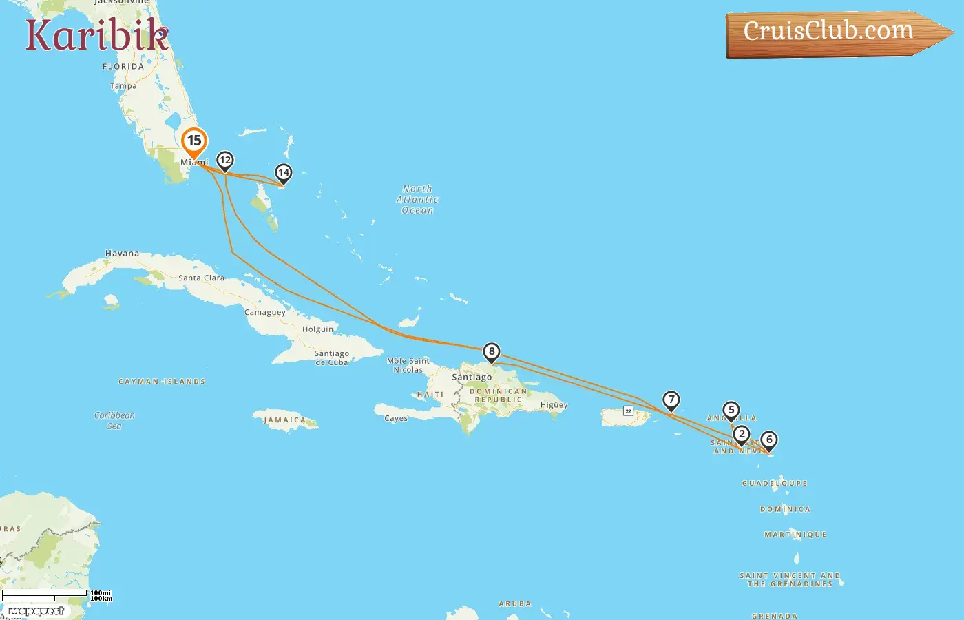 Kreuzfahrt in der Karibik ab Miami an Bord der MSC Divina mit Besuchen in den USA, St. Kitts und Nevis, der Dominikanischen Republik und den Bahamas für 15 Tage