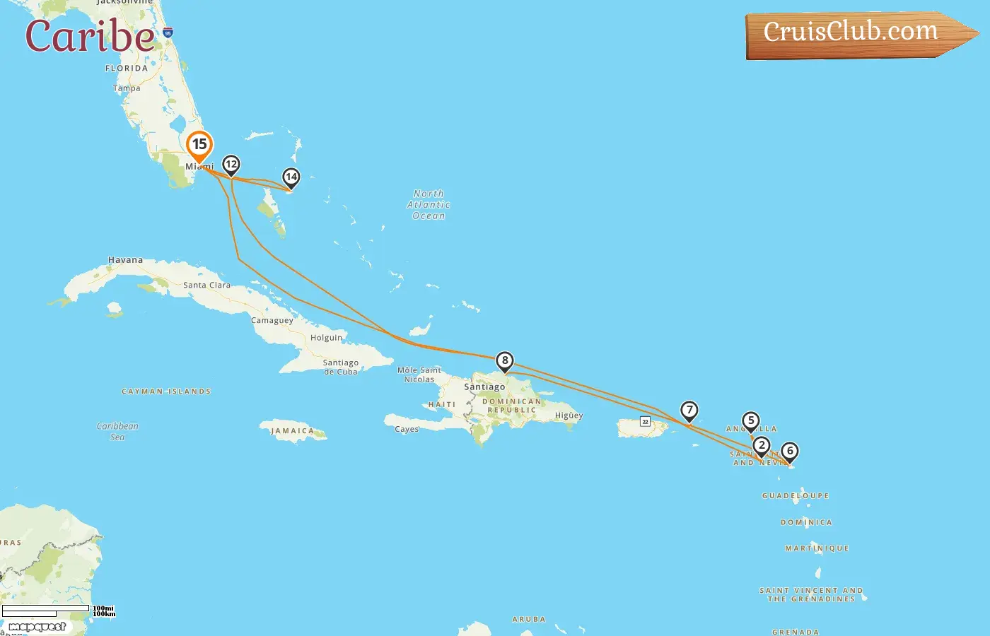 Cruzeiro no Caribe saindo de Miami a bordo do navio MSC Divina, com visitas aos Estados Unidos, São Cristóvão e Névis, República Dominicana e Bahamas por 15 dias