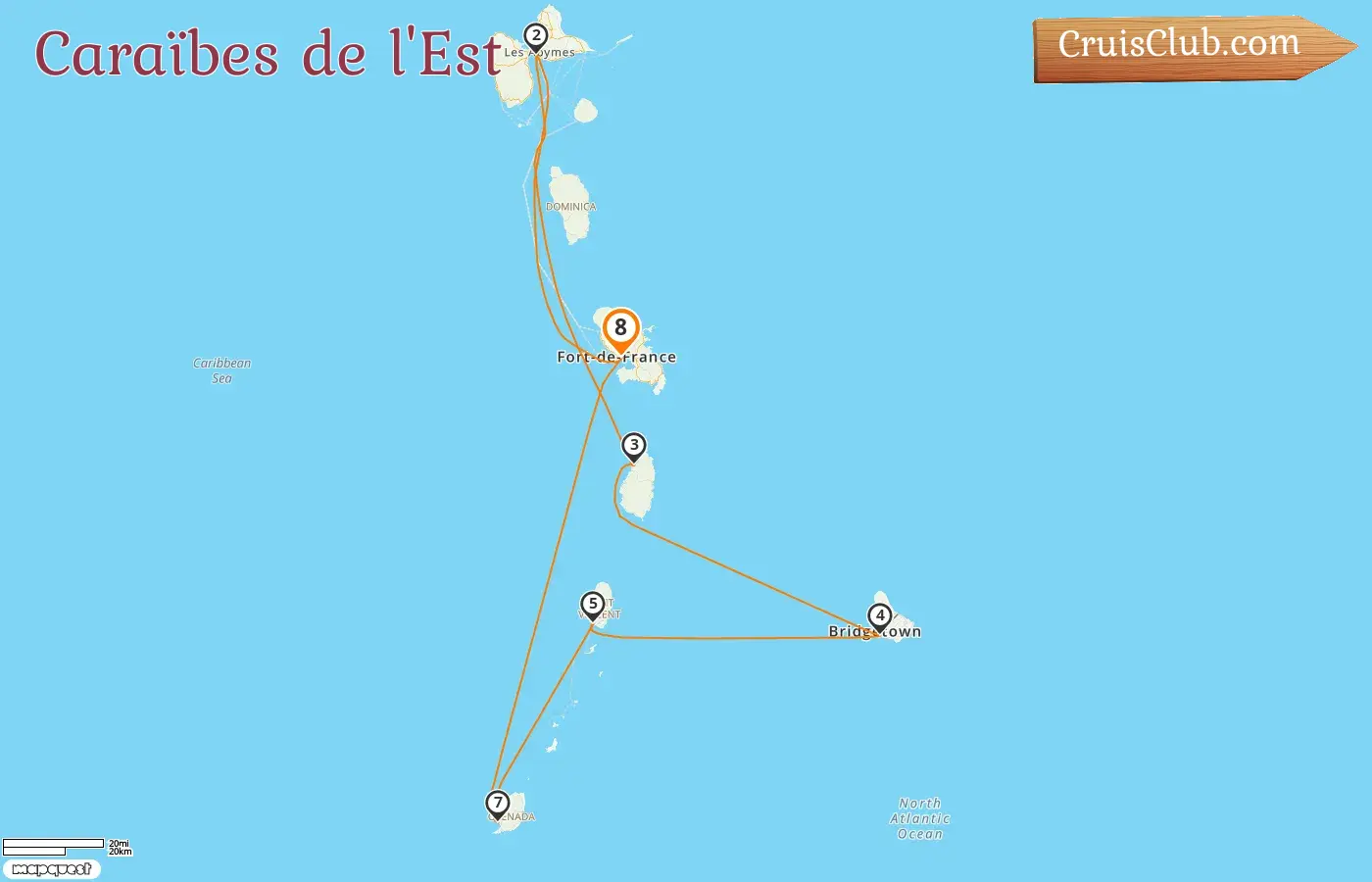 Croisière dans les Caraïbes orientales au départ de Fort-de-France à bord du navire MSC Virtuosa avec des escales en Guadeloupe, à la Barbade, à Saint-Vincent et aux Grenadines, ainsi qu`à la Grenade pendant 8 jours