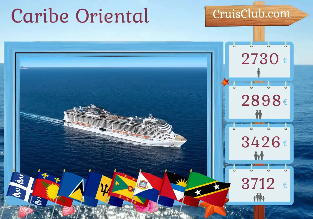 Crucero por el Caribe Oriental desde Fort-de-France a bordo del barco MSC Virtuosa con visitas a Martinica, Guadalupe, Santa Lucía, Barbados, San Vicente y las Granadinas, Granada, San Cristóbal y Nieves, e Islas Vírgenes Británicas durante 15 días