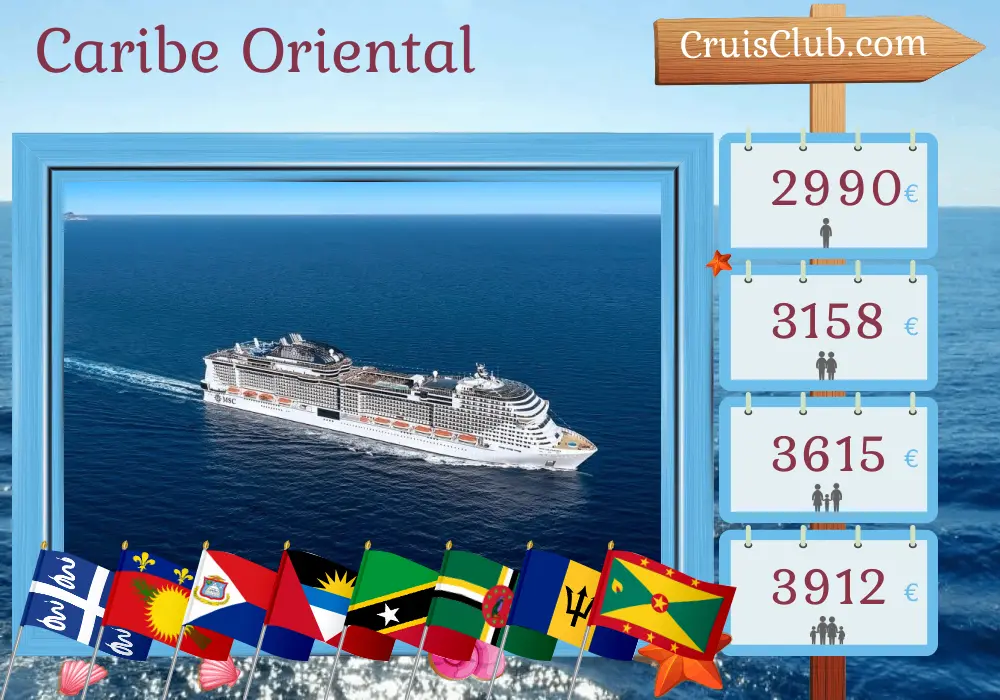 Crucero en el Caribe Oriental desde Fort-de-France a bordo del barco MSC Virtuosa con visitas a Martinica, Guadalupe, San Cristóbal y Nieves, Islas Vírgenes Británicas, Dominica, Barbados, San Vicente y las Granadinas, y Granada durante 15 días