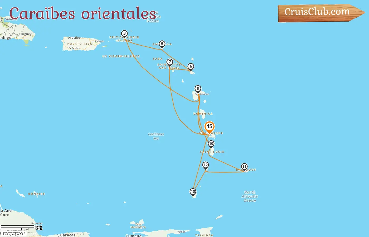 Croisière dans les Caraïbes orientales depuis Fort-de-France à bord du navire MSC Virtuosa avec des visites à Martinique, Guadeloupe, Îles Vierges britanniques, Saint-Christophe-et-Niévès, Sainte-Lucie, Barbade, Saint-Vincent-et-les-Grenadines et Grenade pendant 15 jours