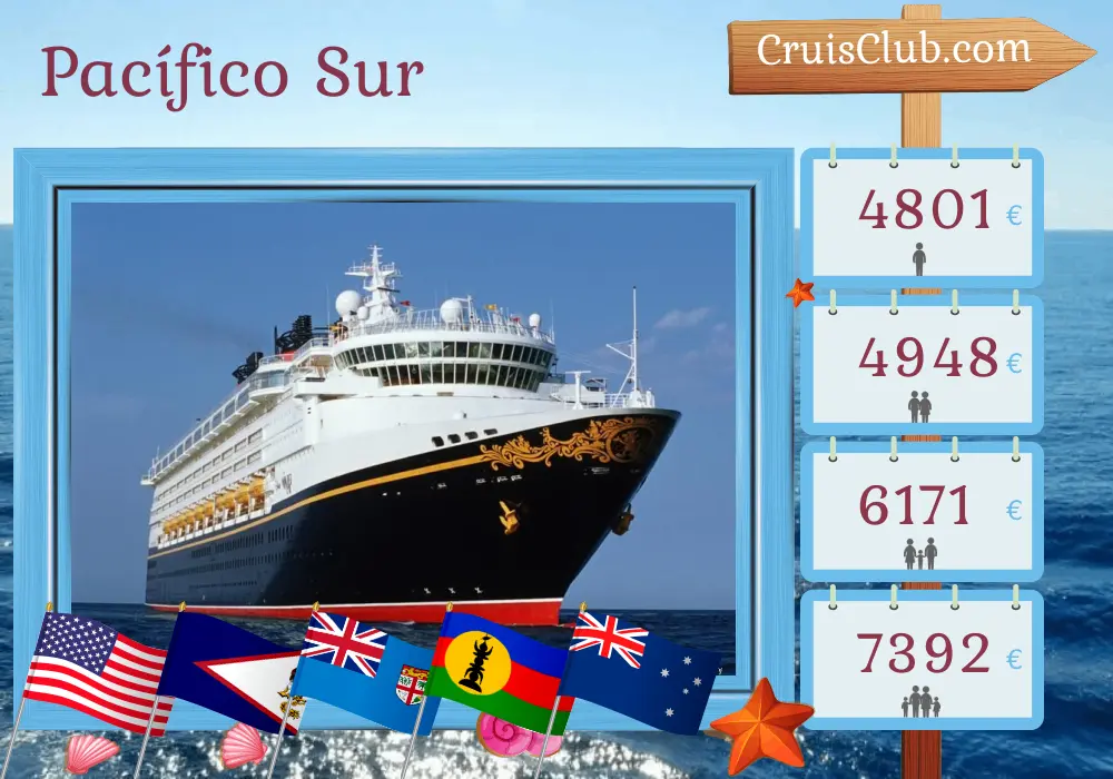 Cruise en el Pacífico Sur desde Honolulu a Sídney a bordo del barco Disney Wonder con visitas a Estados Unidos, Fiji, Nueva Caledonia y Australia durante 16 días