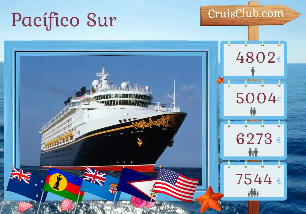 Crucero en el Pacífico Sur desde Sídney a Honolulu a bordo del barco Disney Wonder con visitas a Australia, Nueva Caledonia, Fiji y Estados Unidos durante 16 días