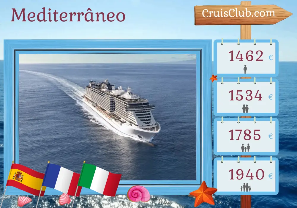 Cruzeiro no Mediterrâneo a partir de Barcelona a bordo do navio MSC Seaview com visitas à Espanha, França e Itália por 7 dias