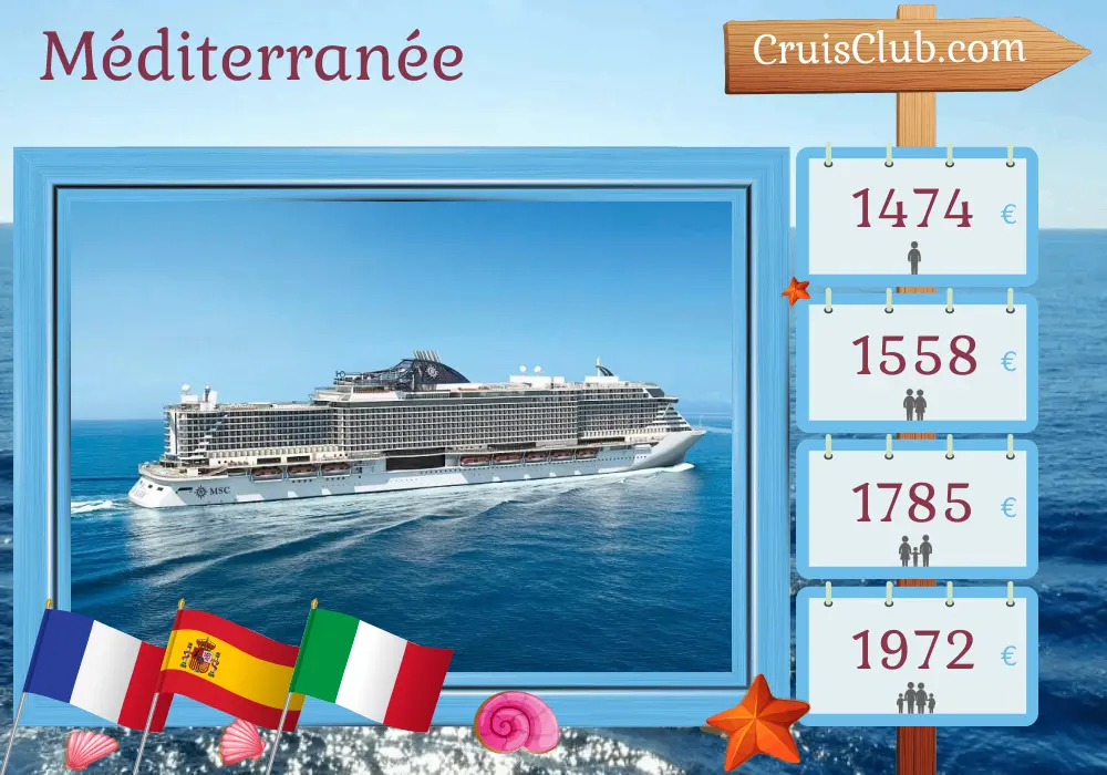 Croisière en Méditerranée depuis Marseille à bord du navire MSC Seaside avec des visites en France, en Espagne, en Tunisie et en Italie pendant 8 jours