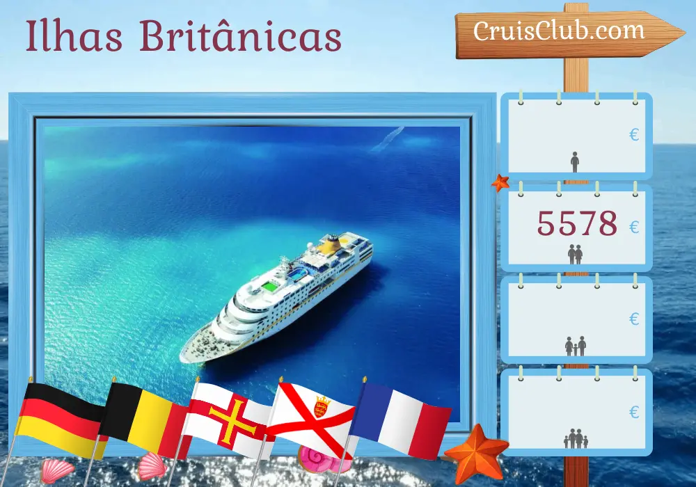 Cruzeiro nas Ilhas Britânicas a partir de Hamburgo a bordo do navio MS Hamburg com visitas à Alemanha, Bélgica, Guernsey, Jersey e França por 12 dias