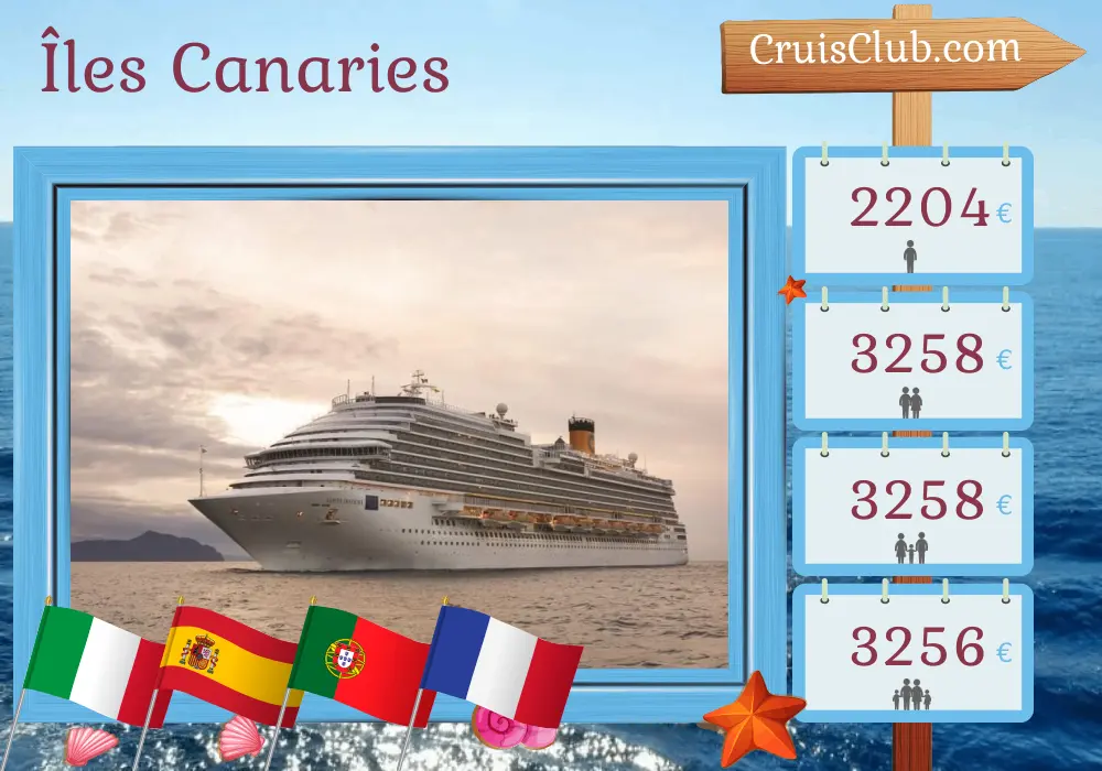 Croisière dans les îles Canaries depuis Savone à bord du navire Costa Diadema avec des visites en Italie, en Espagne, au Portugal et en France pendant 15 jours