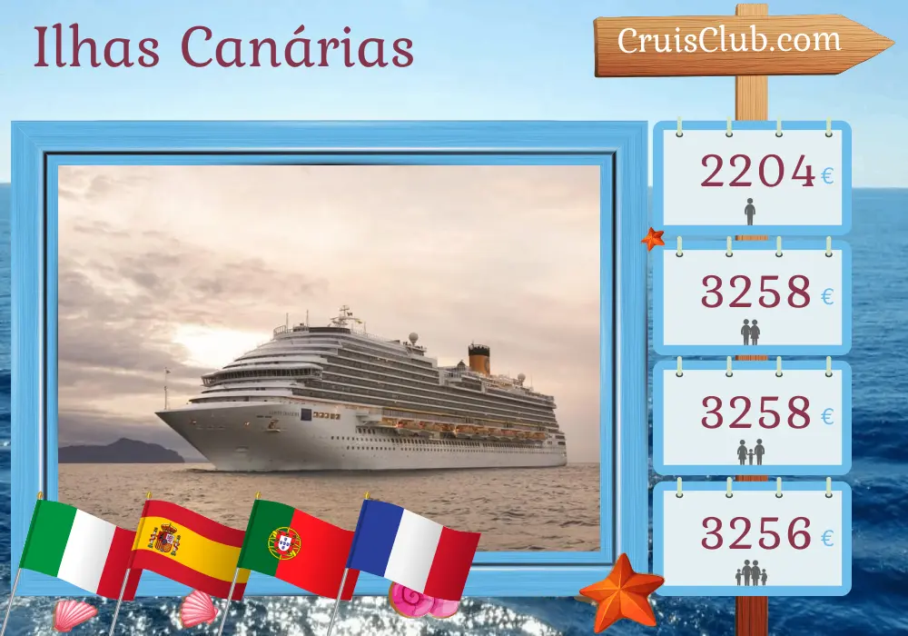 Cruzeiro nas Ilhas Canárias saindo de Savona a bordo do navio Costa Diadema, com visitas à Itália, Espanha, Portugal e França durante 15 dias