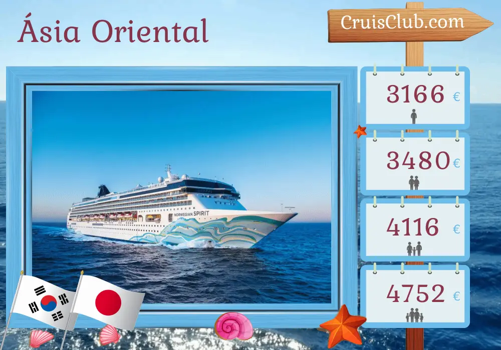 Cruzeiro no leste da Ásia de Incheon a Yokohama a bordo do navio Norwegian Spirit com visitas à Coreia do Sul e Japão por 11 dias