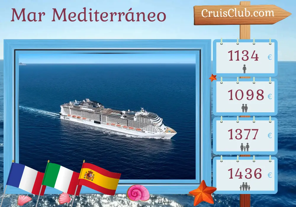 Crucero por el Mediterráneo desde Marsella a bordo del barco MSC Grandiosa con visitas a Francia, Italia y España durante 8 días