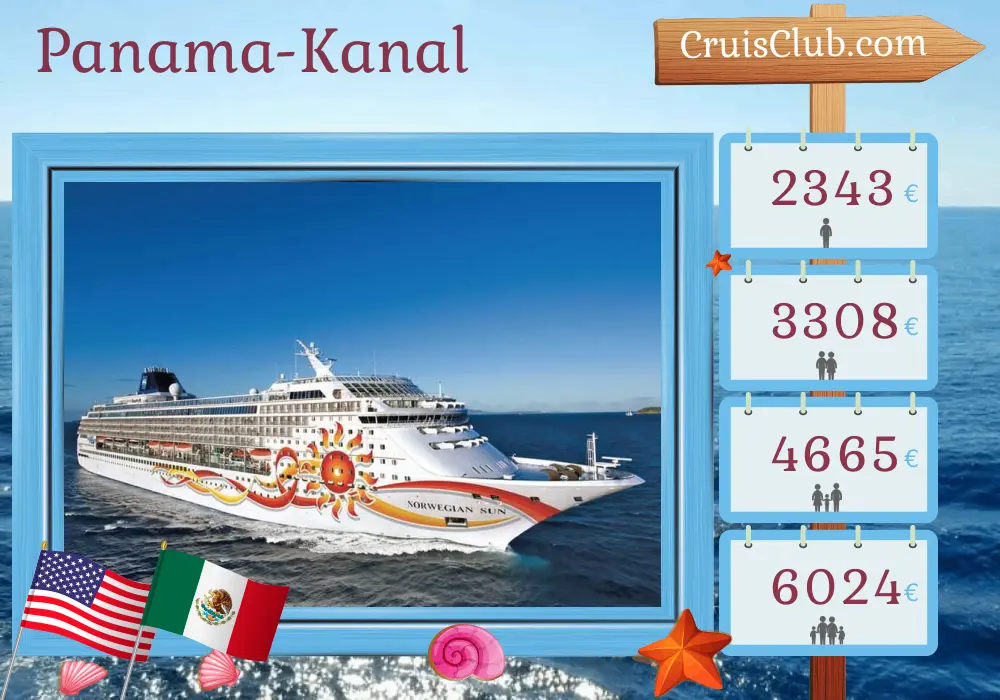 Kreuzfahrt im Panamakanal von Miami nach Seattle an Bord des Schiffes Norwegian Sun mit Besuchen in den USA, Kolumbien, Panama, Costa Rica, Nicaragua, Guatemala und Mexiko für 19 Tage