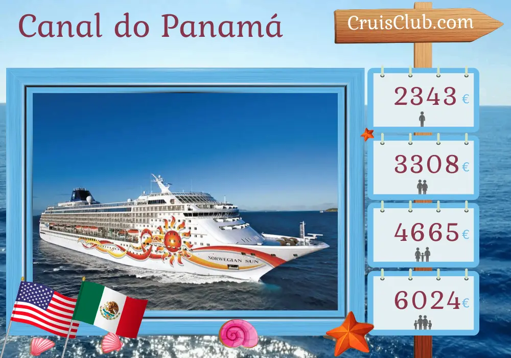Cruzeiro no Canal do Panamá de Miami a Seattle a bordo do navio Norwegian Sun com visitas aos EUA, Colômbia, Panamá, Costa Rica, Nicarágua, Guatemala e México por 19 dias