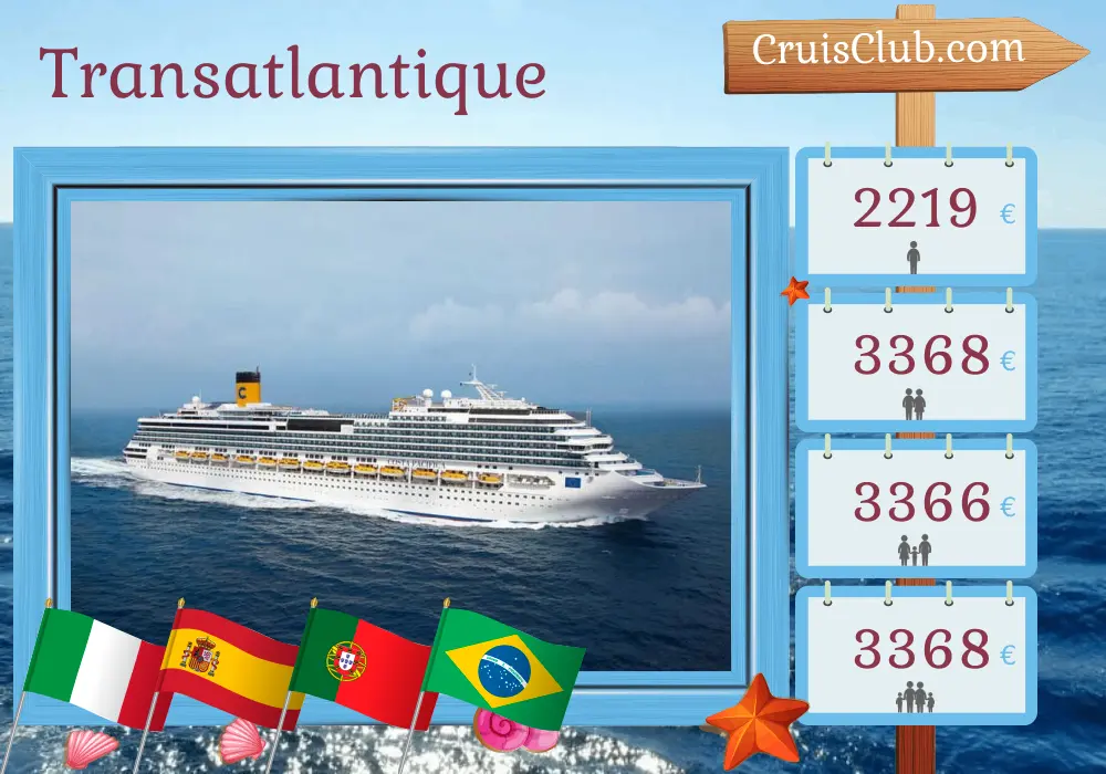 Croisière en Transatlantique de Savone à Rio de Janeiro à bord du navire Costa Pacifica avec des escales en Italie, en Espagne, au Maroc, au Portugal et au Brésil pendant 19 jours