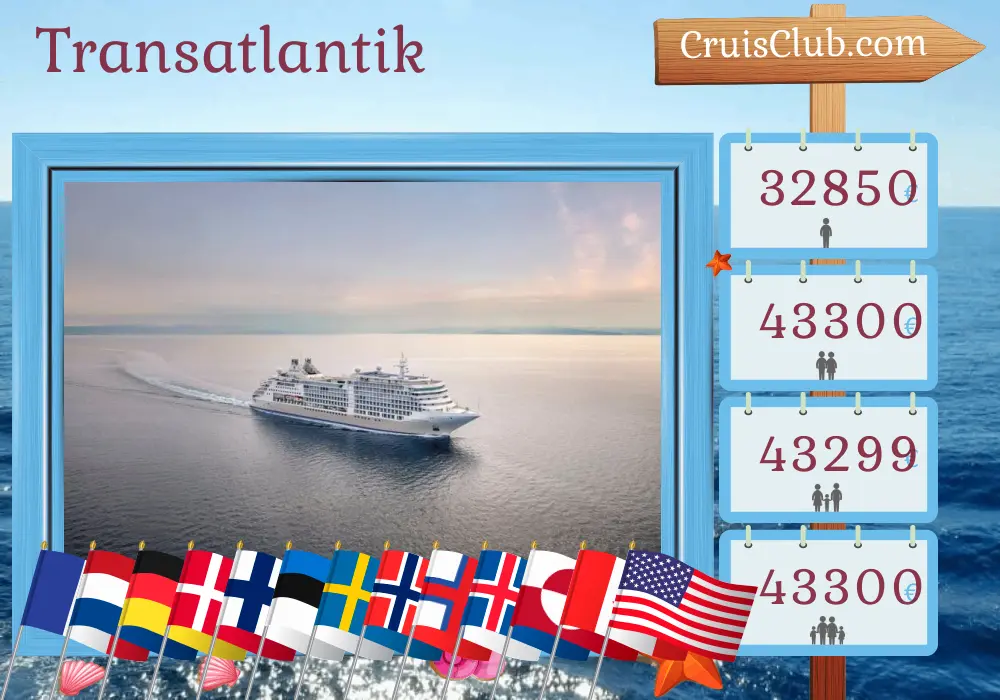 Kreuzfahrt über den Atlantik von Southampton nach New York an Bord des Schiffes Silver Dawn mit Besuchen in Frankreich, den Niederlanden, Deutschland, Dänemark, Finnland, Estland, Schweden, Norwegen, den Färöer-Inseln, Island, Grönland, Kanada und den USA für 48 Tage