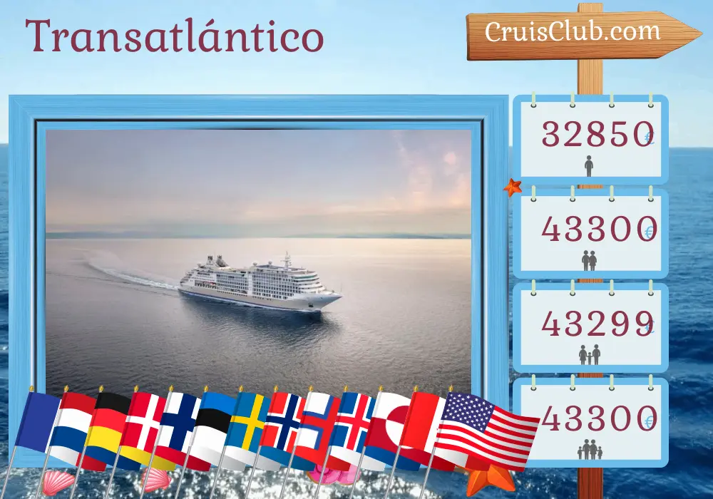 Cruce transatlántico desde Southampton a Nueva York a bordo del barco Silver Dawn con visitas a Francia, Países Bajos, Alemania, Dinamarca, Finlandia, Estonia, Suecia, Noruega, Islas Feroe, Islandia, Groenlandia, Canadá y Estados Unidos durante 48 días